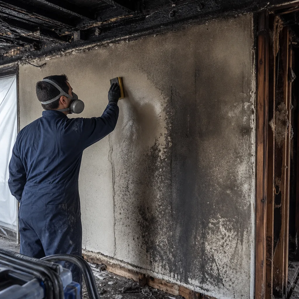 Professional technician performing fire damage soot removal and wall restoration