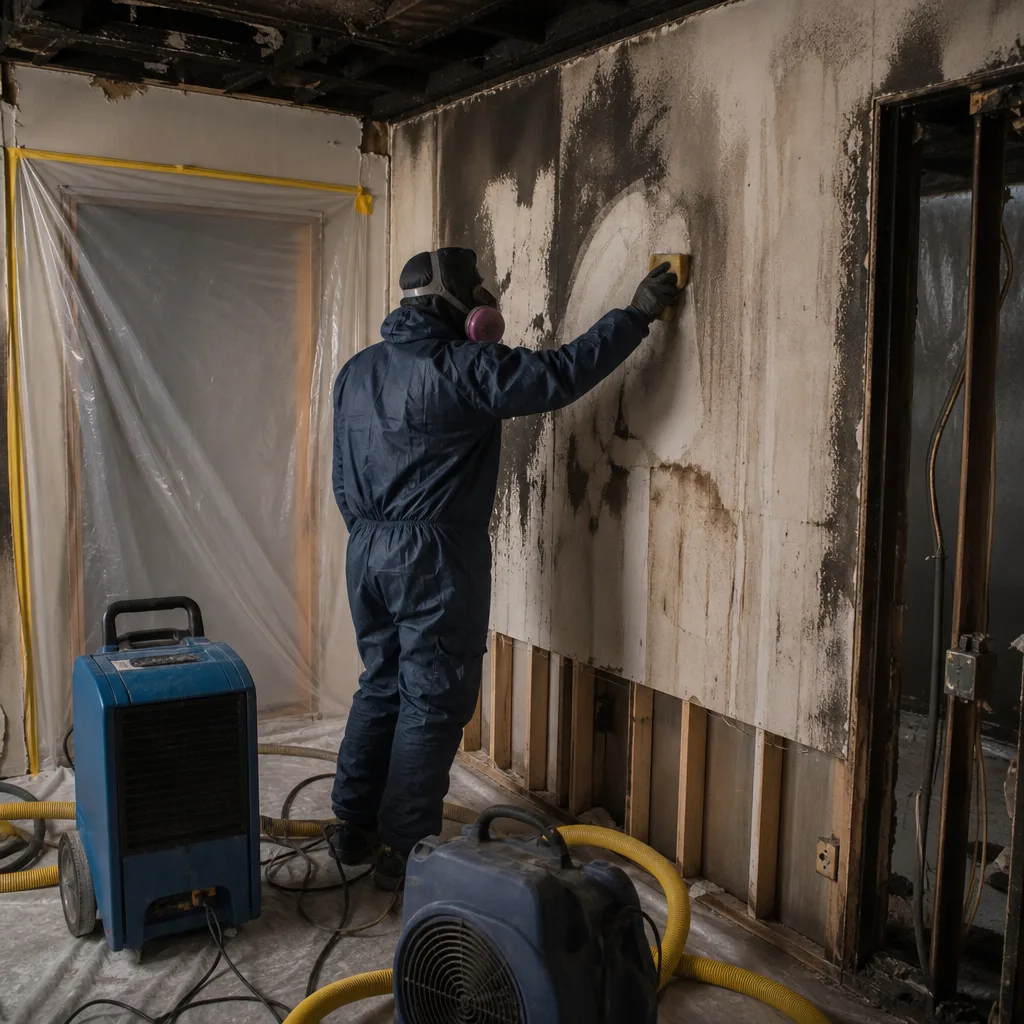 Technician performing professional fire damage restoration cleaning soot from a wall