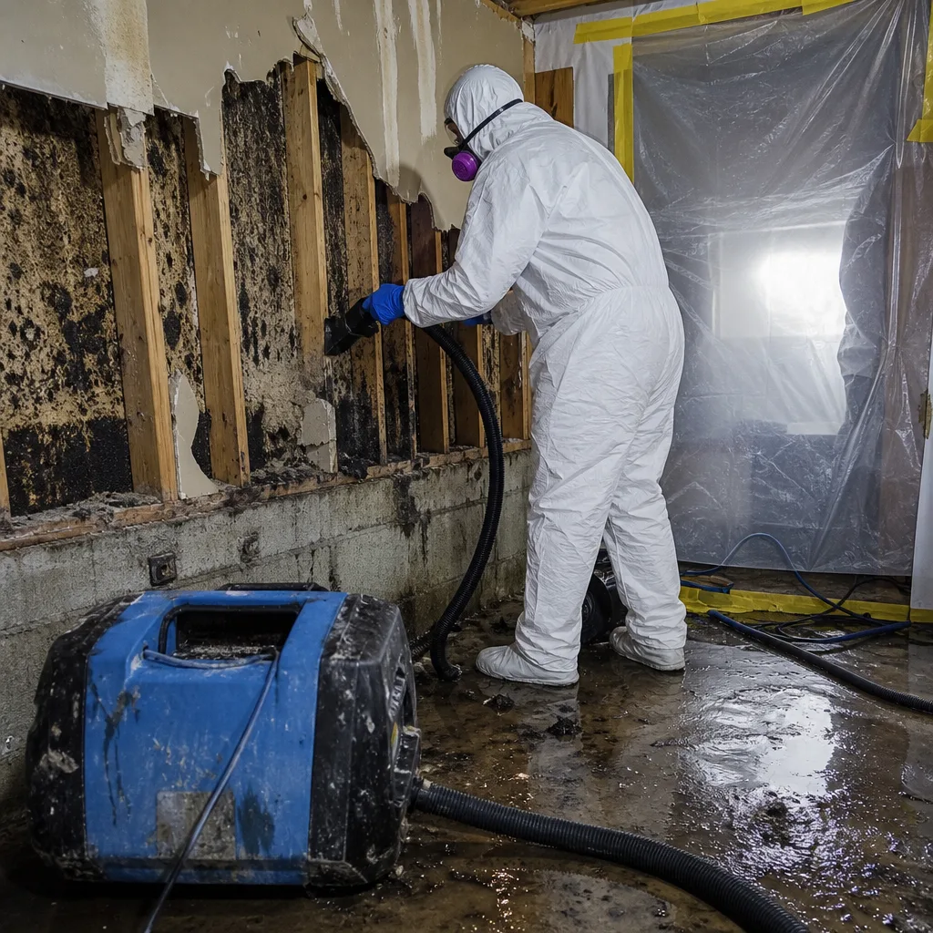 Professional wearing PPE performing mold remediation on water-damaged wall studs