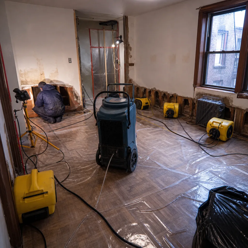 Water damage restoration professional using industrial dehumidifiers and air movers