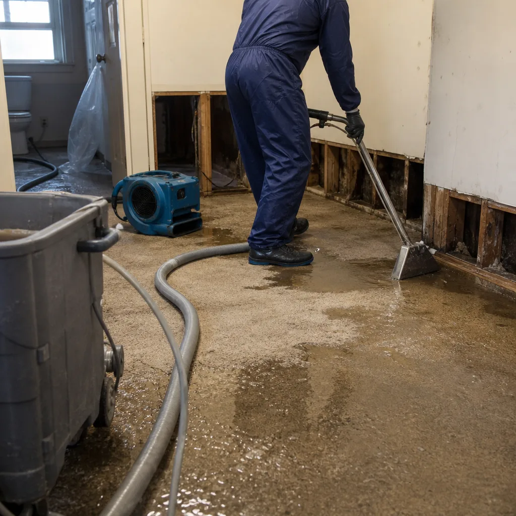 Professional technician performing water damage restoration and floor water extraction